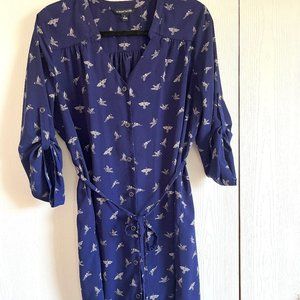 41 Hawthorn Dress Navy Blue Birds Button Up Shirt Dress Sheath Size L